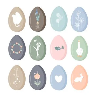 Set of vintage Easter eggs with floral and animals silhouette. Pastel palette Stock Illustration