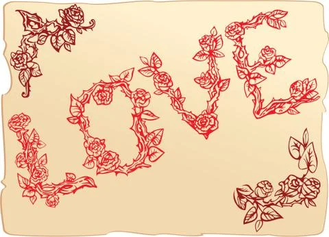 Set of vintage elements and vignettes for valentine`s day greeting - word lov Stock Illustration