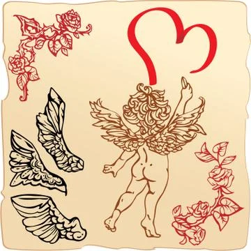 Set of vintage elements and vignettes for valentine`s day greeting - heart, r Illustrazione stock