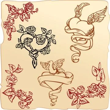 Set of vintage elements and vignettes for valentine`s day greeting - hearts, Stock Illustration