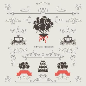 Set of vintage elements, design, wedding invitation, frame, borders Stock Illustration