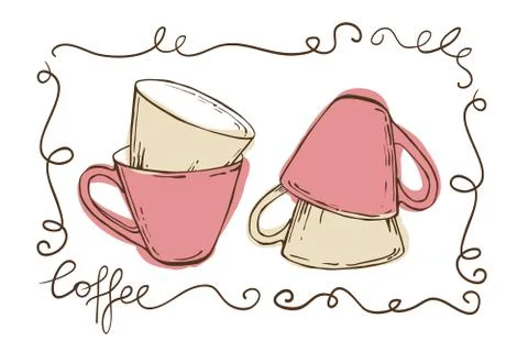 Set of vintage empty cups for tea decorated with squiggles, on white background Illustrazione stock