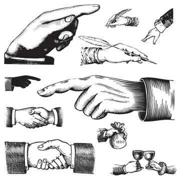 Set of vintage engraved hand pointers patterns, vector illustration Stock Illustration