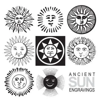 Set of vintage engraved suns patterns, vector illustration Illustrazione stock