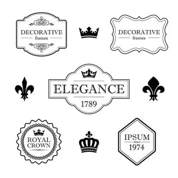 Set of vintage flourish frames, borders, crowns and fleur de lis design elements Stock Illustration