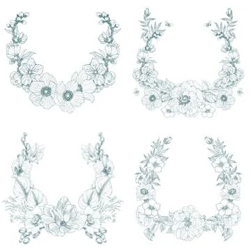 Set of vintage frame border monogram floral ornament. Engraved retro flower Stock Illustration