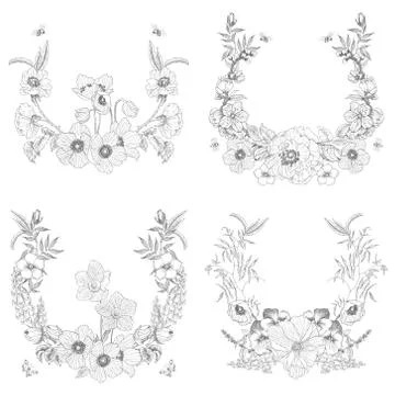 Set of vintage frame border monogram floral ornament. Engraved retro flower Stock Illustration