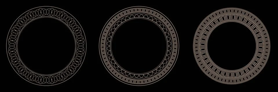 Set of vintage gold round frames on black background. Round gold frames  库存插图