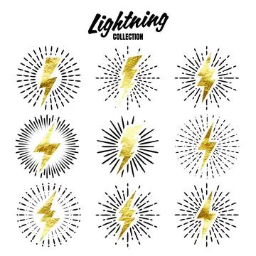 Set of vintage golden lightning bolts and sun rays. Gold foil texture Stock Illustration