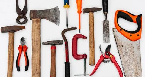 Set of vintage hand construction tools on a white background Stock Photos