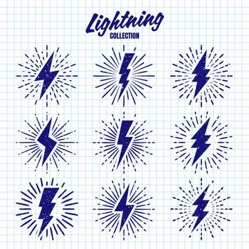 Set of vintage hand drawn lightning bolts and sun rays on checkered paper sheet Stock Illustration