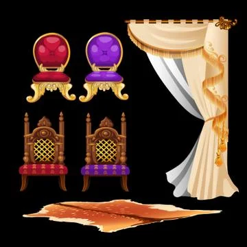 Set of vintage interior elements isolated on black background. Chair, curtain Stock Illustration