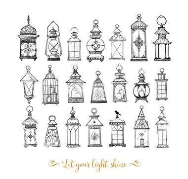 Set of vintage lanterns on white background. Illustrazione stock