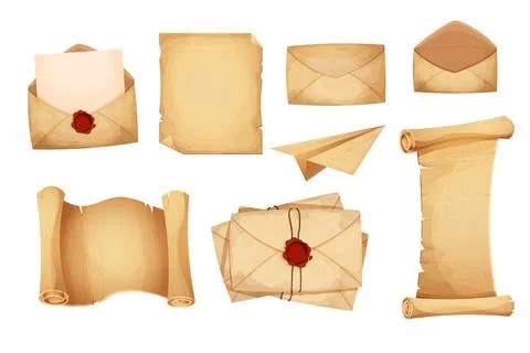 Set vintage magic envelope, letters, parchment paper, scroll with red wax seal Illustrazione stock