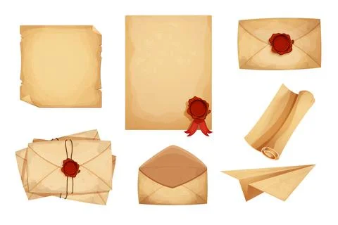 Set vintage magic envelope, letters, parchment paper, scroll with red wax seal イラスト素材