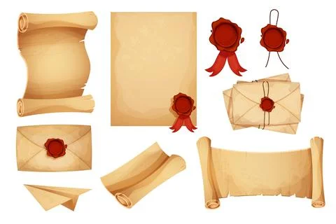 Set vintage magic envelope, letters, parchment paper, scroll with red wax seal イラスト素材