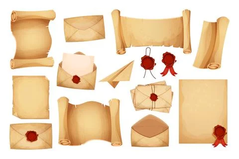 Set vintage magic envelope, letters, parchment paper, scroll with red wax seal Stockillustratie