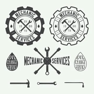 Set of vintage mechanic labels, emblems and logo. Vector illustration Stock Illustration