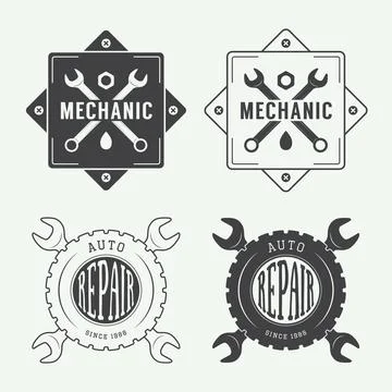 Set of vintage mechanic labels, emblems and logo. Vector illustration Stock Illustration