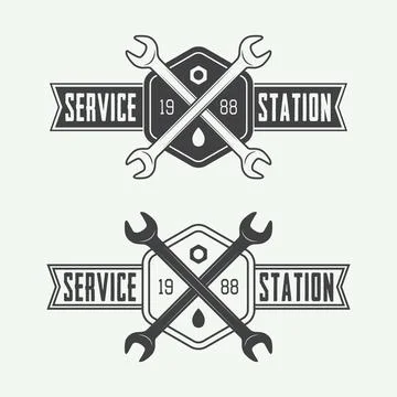 Set of vintage mechanic labels, emblems and logo. Vector illustration Stock Illustration