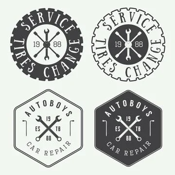 Set of vintage mechanic labels, emblems and logo. Vector illustration Stock Illustration