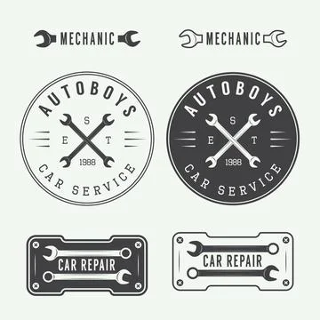 Set of vintage mechanic labels, emblems and logo. Vector illustration Stock Illustration