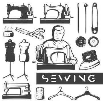 Set of vintage monochrome sewing elements. Tailor at work. Tailor tools Stock Illustration