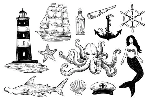 Set of vintage nautical elements for design isolated on white background. Stock-Illustration