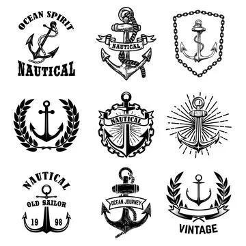 Set of vintage nautical emblems. Design elements for poster, emblem, sign, .. Illustrazione stock