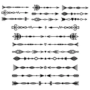 A set of vintage openwork black arrows and dividers in black on a white backg Stock Illustration