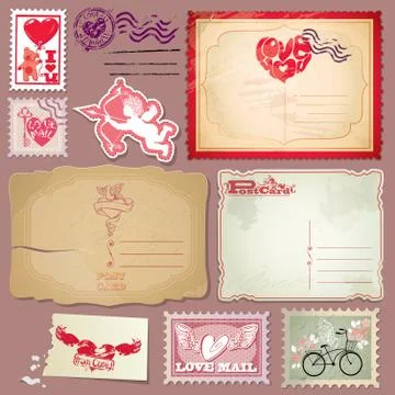 Set of vintage postcards and post stamps for valentines day design. Stock Illustration