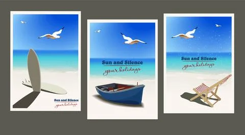 Set of vintage posters on the theme of summer holidays on the seashore, ocean Stock Illustration
