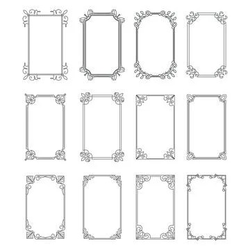 Set of vintage rectangular ornate ornaments. Retro decorative frames. Wedding 스톡 일러스트
