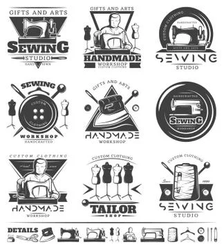 Set of vintage sewing emblems, labels, logos. Tailor shop badges Stock Illustration
