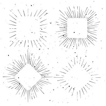 Set of vintage squared and rhombus shaped hand drawn ray frames, starburst te Stock Illustration