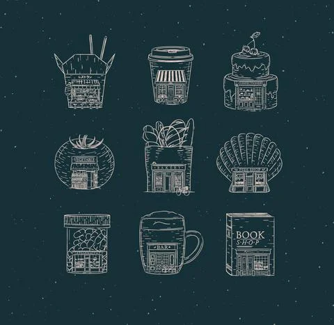 Set vintage storefront of cafe and shops dark blue Stock Illustration