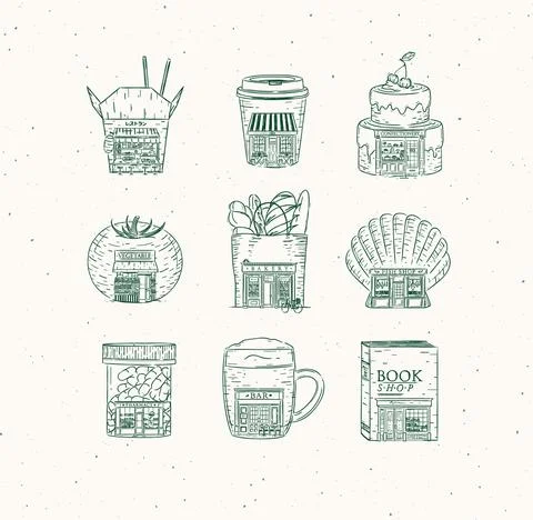 Set vintage storefront of cafe and shops green Stock Illustration