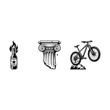 Set of vintage style illustrations with bottle column and bicycle Stock Illustration