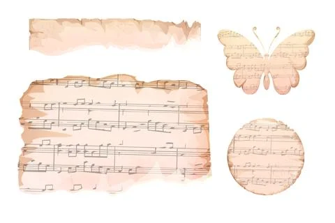 Set vintage torn paper, frames pieces paper butterfly from sheets aged with Stock Illustration