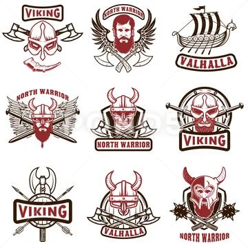 Set of vintage viking labels. Viking warrior in horned helmet, w Stock Illustration