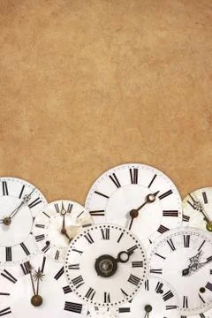 Set of vintage white clock faces on an ancient background Stock Illustration