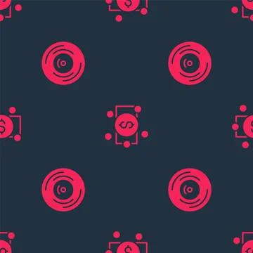 Set Vinyl disk and Stacks paper money cash on seamless pattern. Vector Stock Illustration