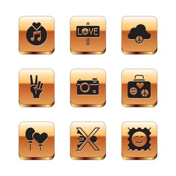 Set Vinyl disk, Balloons, No war, Photo camera, Peace symbol, cloud, LSD acid 스톡 일러스트