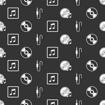 Set Vinyl disk, CD or DVD disk, Music note, tone and Audio jack on seamless Illustrazione stock