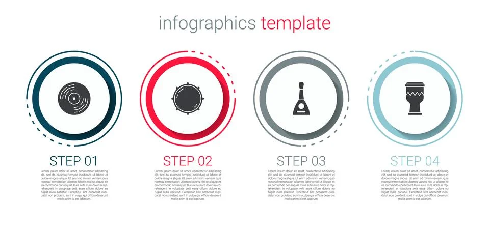 Set Vinyl disk, Dial knob level, Balalaika and Drum. Business infographic Stock Illustration