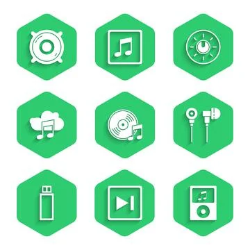 Set Vinyl disk, Fast forward, Music player, Air headphones, USB flash drive Stock Illustration