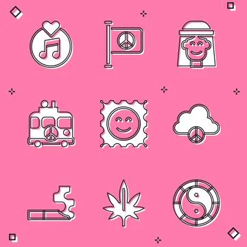 Set Vinyl disk, Flag peace, Hippie girl, camper van, LSD acid mark, Peace cloud 스톡 일러스트