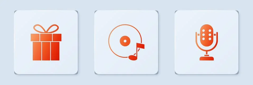 Set Vinyl disk, Gift box and Microphone. White square button. Vector Illustrazione stock