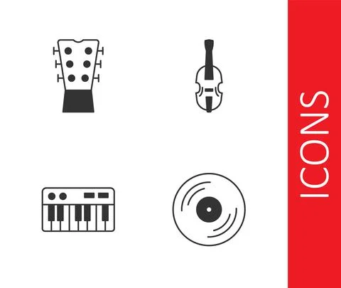 Set Vinyl disk, Guitar neck, Music synthesizer and Violin icon. Vector Stock Illustration