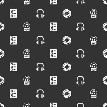 Set Vinyl disk, Music note, tone, playlist and Headphones on seamless pattern Иллюстрация